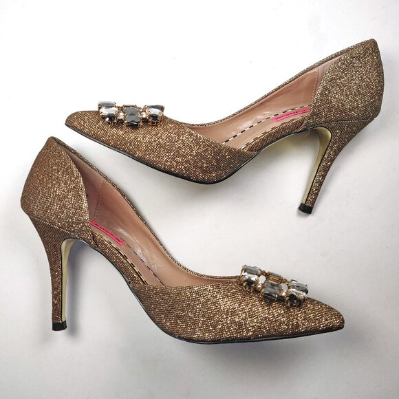 Festive Betsey Johnson Metallic Gold Glitter Jezzy D'orsay Heels Dress Pump - Picture 6 of 13
